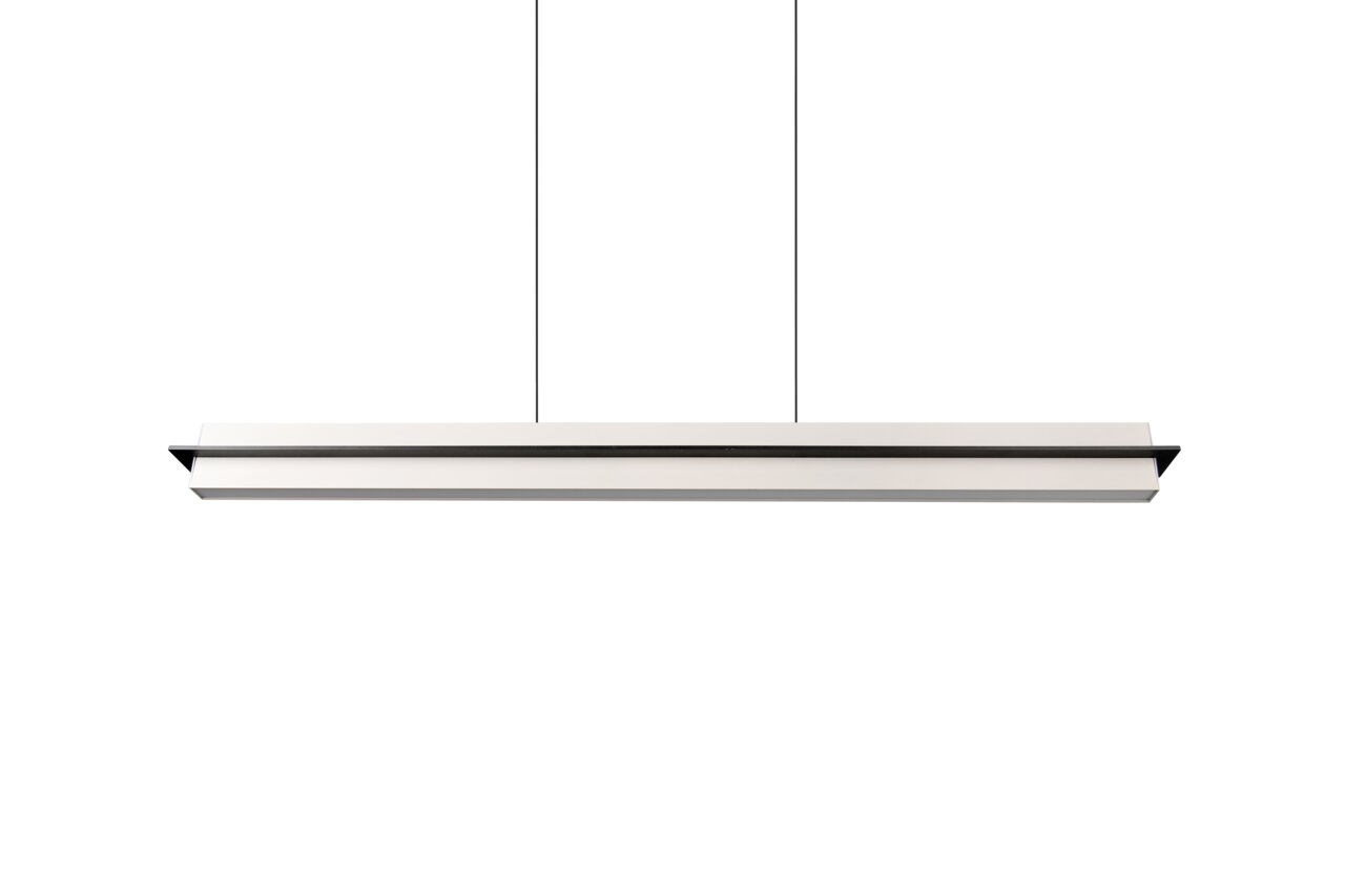 Moderne LED-Hängeleuchte in minimalistischem Design, seitliche Perspektive