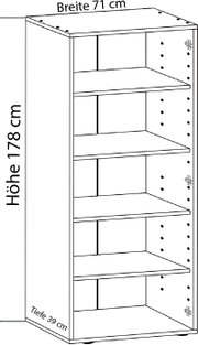 Technische Strichzeichnung eines offenen Regalschranks mit mehreren Einlegeböden, Maße: Breite 71 cm, Höhe 178 cm, Tiefe 39 cm; dargestellt in schräger Vorderansicht.