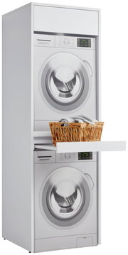 Doppel-Waschmaschinenschrank mit zwei Waschmaschinen übereinander, seitliche Perspektive, mit herausziehbarem Fach und Wäschekorb.