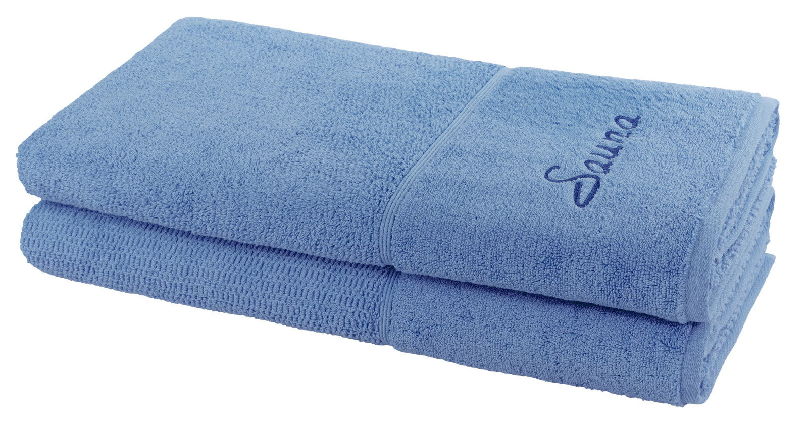 Zwei blaue Saunatücher im Set, gestapelt, mit gesticktem Schriftzug 'Sauna' auf dem oberen Tuch, seitliche Perspektive