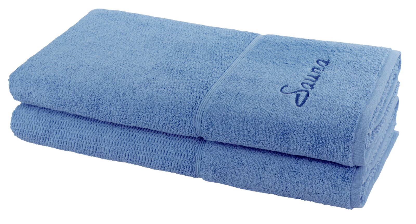 Zwei blaue Saunatücher im Set, gestapelt, mit gesticktem Schriftzug 'Sauna' auf dem oberen Tuch, seitliche Perspektive