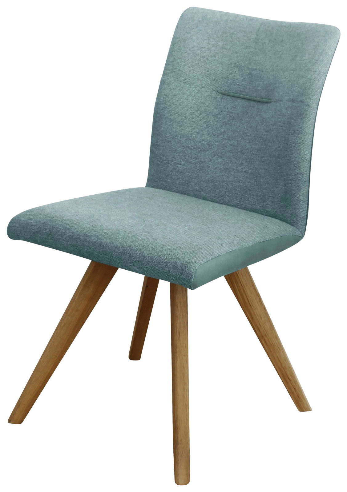 Moderner Stuhl mit hellblauem Stoffbezug und Holzbeinen, seitliche Perspektive