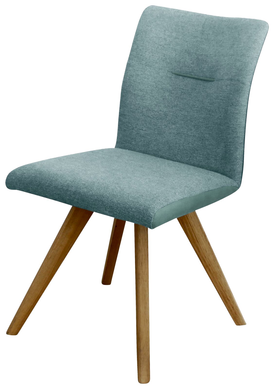 Moderner Stuhl mit hellblauem Stoffbezug und Holzbeinen, seitliche Perspektive