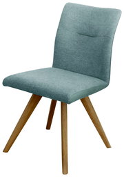 Moderner Stuhl mit hellblauem Stoffbezug und Holzbeinen, seitliche Perspektive