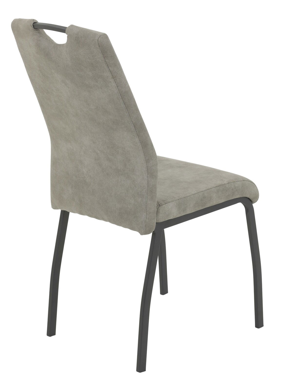Rückansicht eines modernen Stuhls mit grauem Stoffbezug und schwarzem Metallgestell.