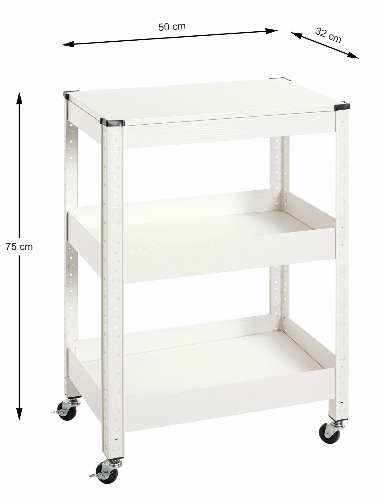 Weißer Servierwagen mit drei Ebenen und Rollen, seitliche Perspektive, Maße 50 cm x 32 cm x 75 cm