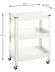 Weißer Servierwagen mit drei Ebenen und Rollen, seitliche Perspektive, Maße 50 cm x 32 cm x 75 cm