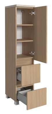 Midischrank 30 cm in Holzoptik mit geöffneter Tür und Schubladen, seitliche Perspektive