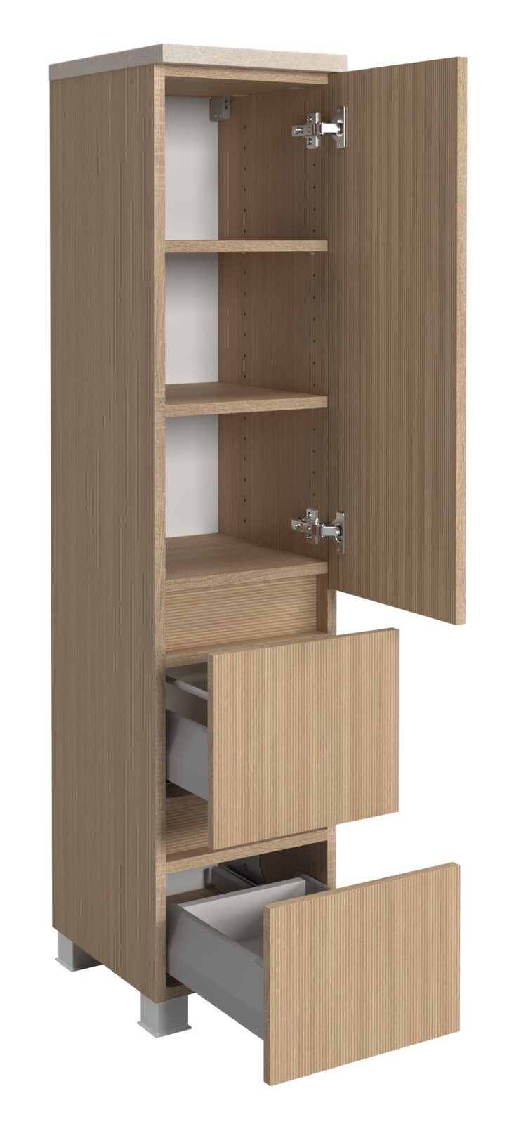 Midikast van 30 cm in houtlook met open deur en lades, zijaanzicht