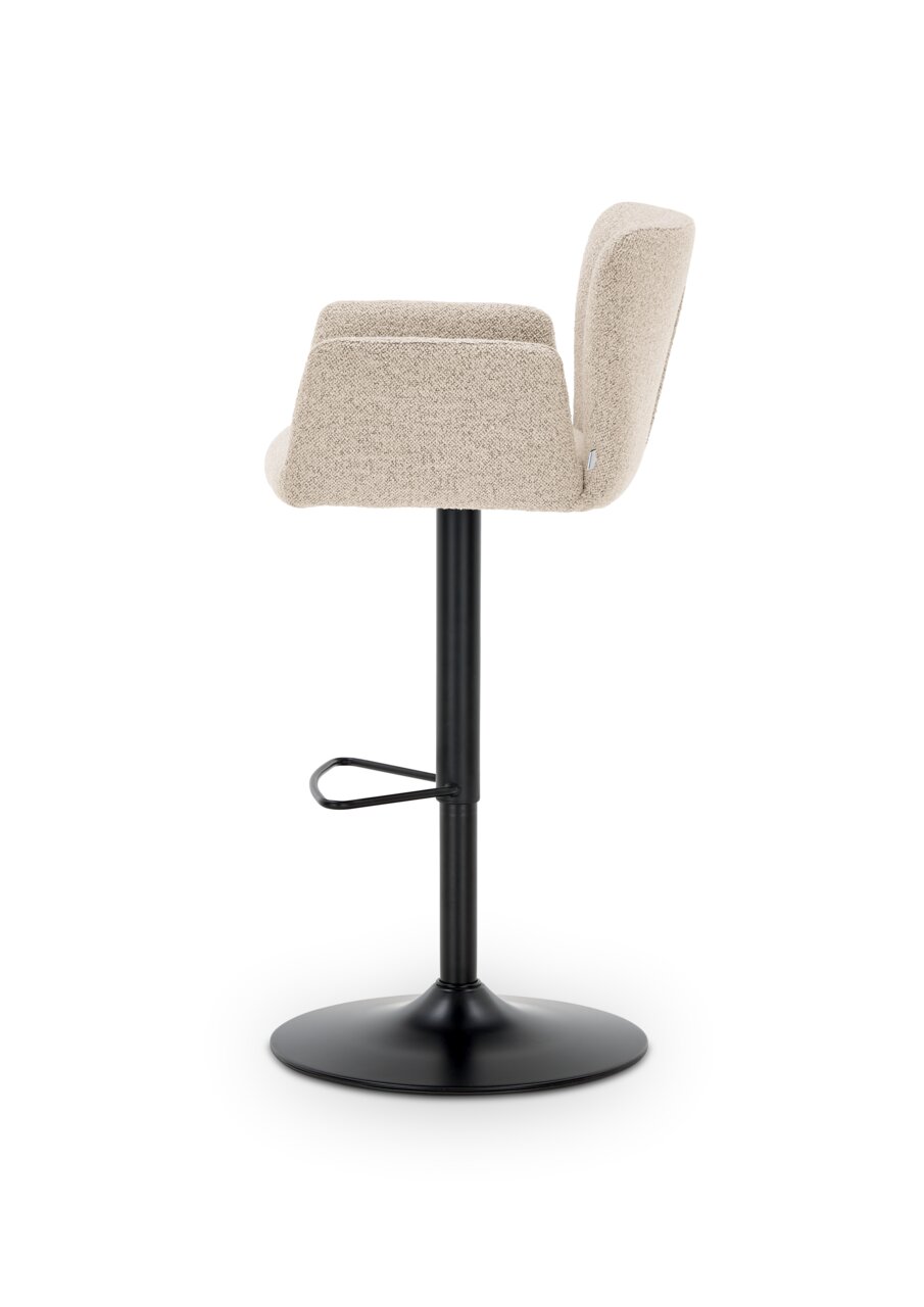 Zijaanzicht van een moderne barkruk met een beige stoffen bekleding en een zwart metalen onderstel.