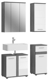 Moderne Badkombination in Holzoptik mit Spiegel- und Schrankelementen, Frontalansicht