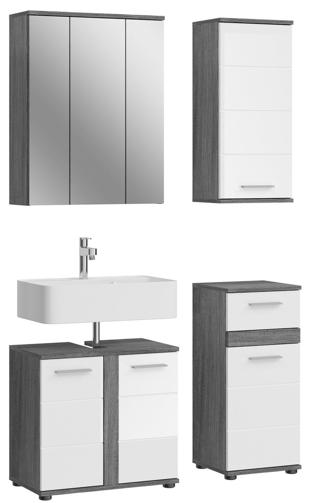 Moderne Badkombination in Holzoptik mit Spiegel- und Schrankelementen, Frontalansicht