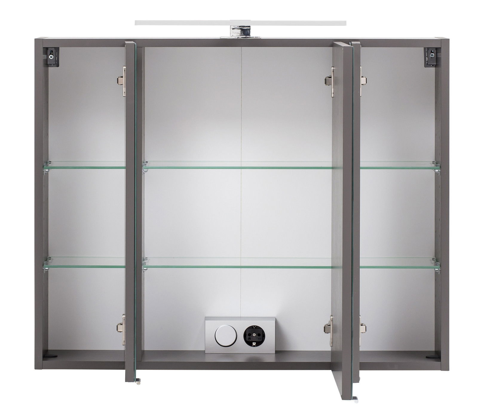 Spiegelschrank mit drei Türen, geöffnet, mit Glasregalen und Steckdose, Frontalansicht