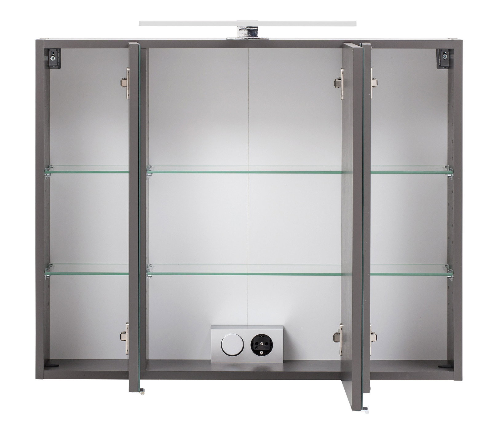 Spiegelschrank mit drei Türen, geöffnet, mit Glasregalen und Steckdose, Frontalansicht