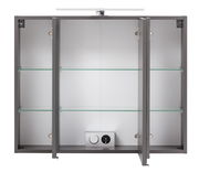 Spiegelschrank mit drei Türen, geöffnet, mit Glasregalen und Steckdose, Frontalansicht