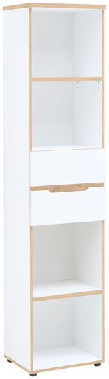 Schmales Regal mit zwei Schubladen und vier offenen Fächern, Perspektive von vorne links