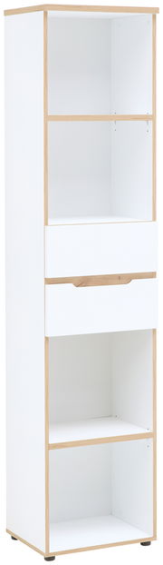 Schmales Regal mit zwei Schubladen und vier offenen Fächern, Perspektive von vorne links