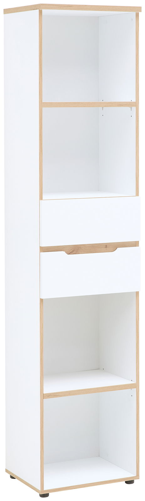 Voleo Regal schmal DETROIT Schmales Regal mit zwei Schubladen und vier offenen Fächern, Perspektive von vorne links