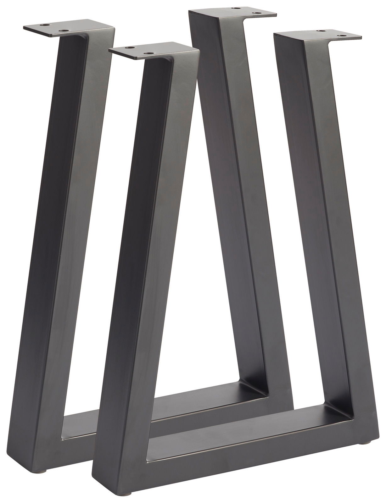 Zwei moderne, schwarze Metallbankgestelle in V-Form, seitliche Perspektive.