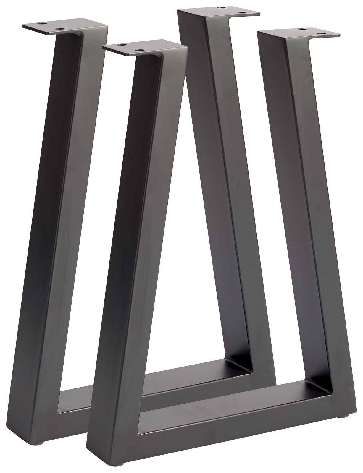 Zwei moderne, schwarze Metallbankgestelle in V-Form, seitliche Perspektive.