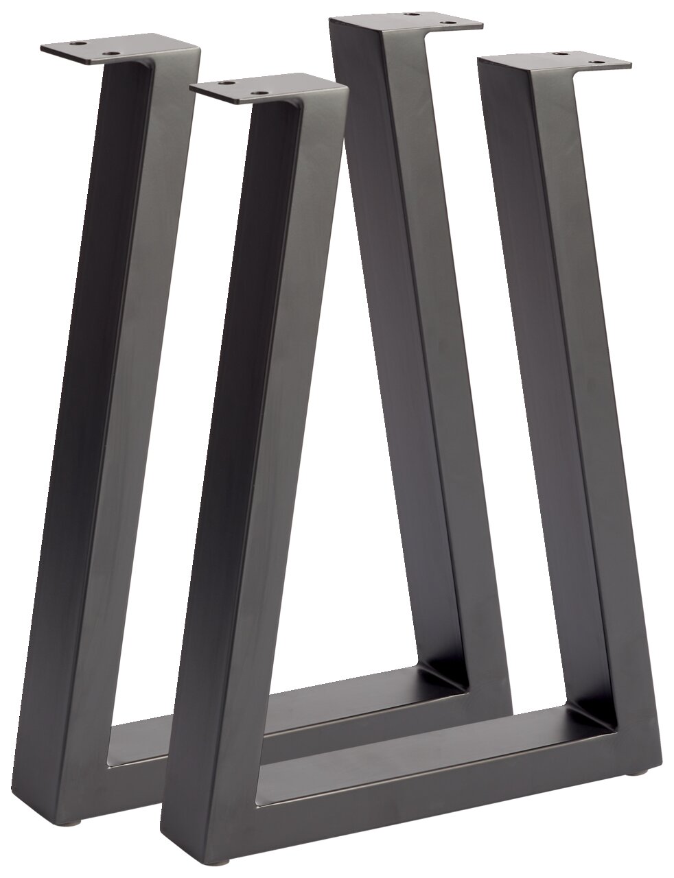 Zwei moderne, schwarze Metallbankgestelle in V-Form, seitliche Perspektive.