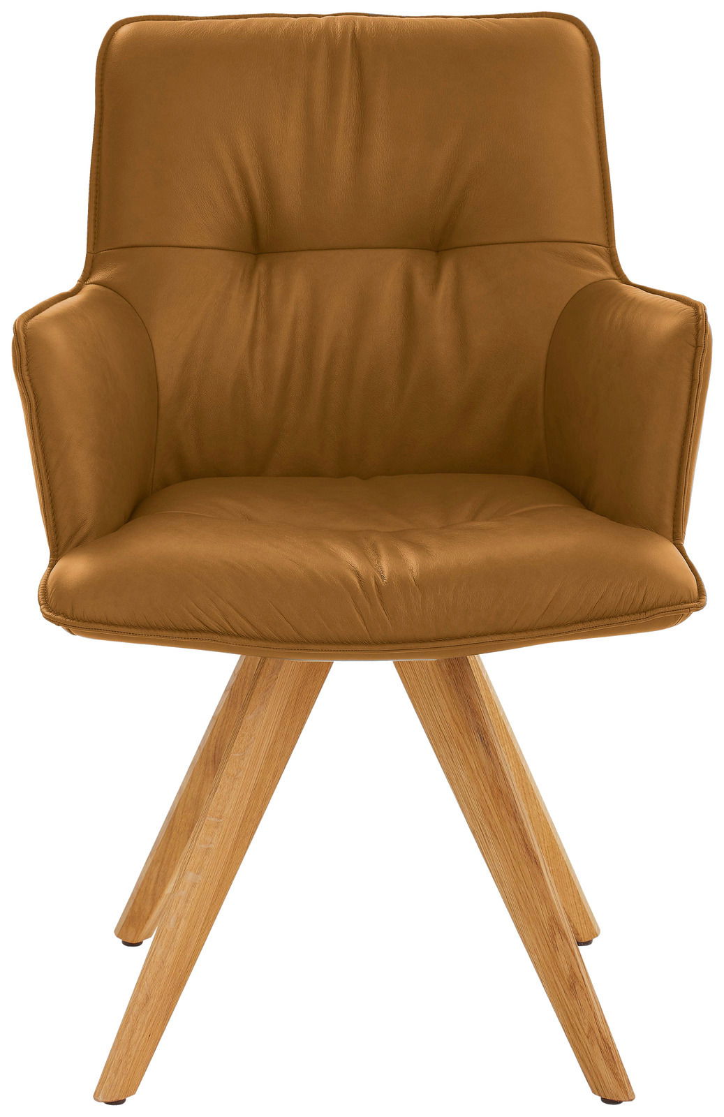 Vorderansicht eines modernen Design-Schalensessels mit braunem Lederbezug und Holzbeinen.