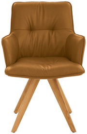 Vorderansicht eines modernen Design-Schalensessels mit braunem Lederbezug und Holzbeinen.