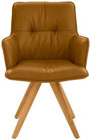 Vorderansicht eines modernen Design-Schalensessels mit braunem Lederbezug und Holzbeinen.