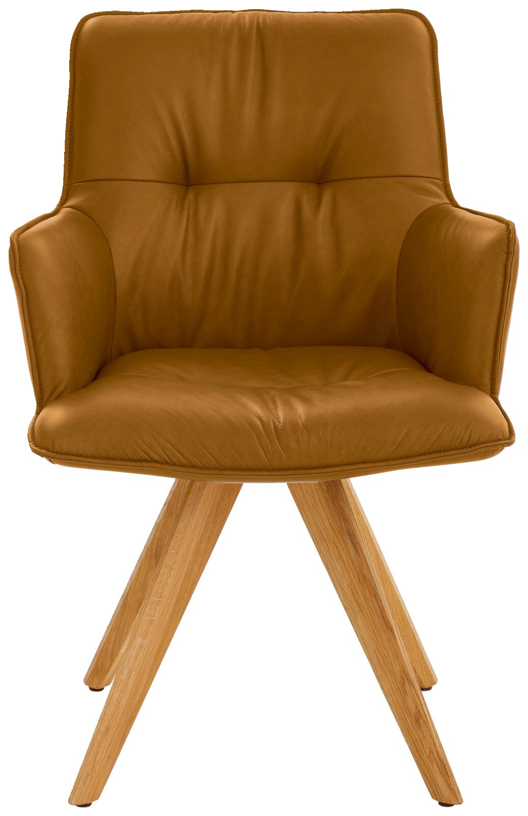Vooraanzicht van een moderne designfauteuil met bruine lederen bekleding en houten poten.
