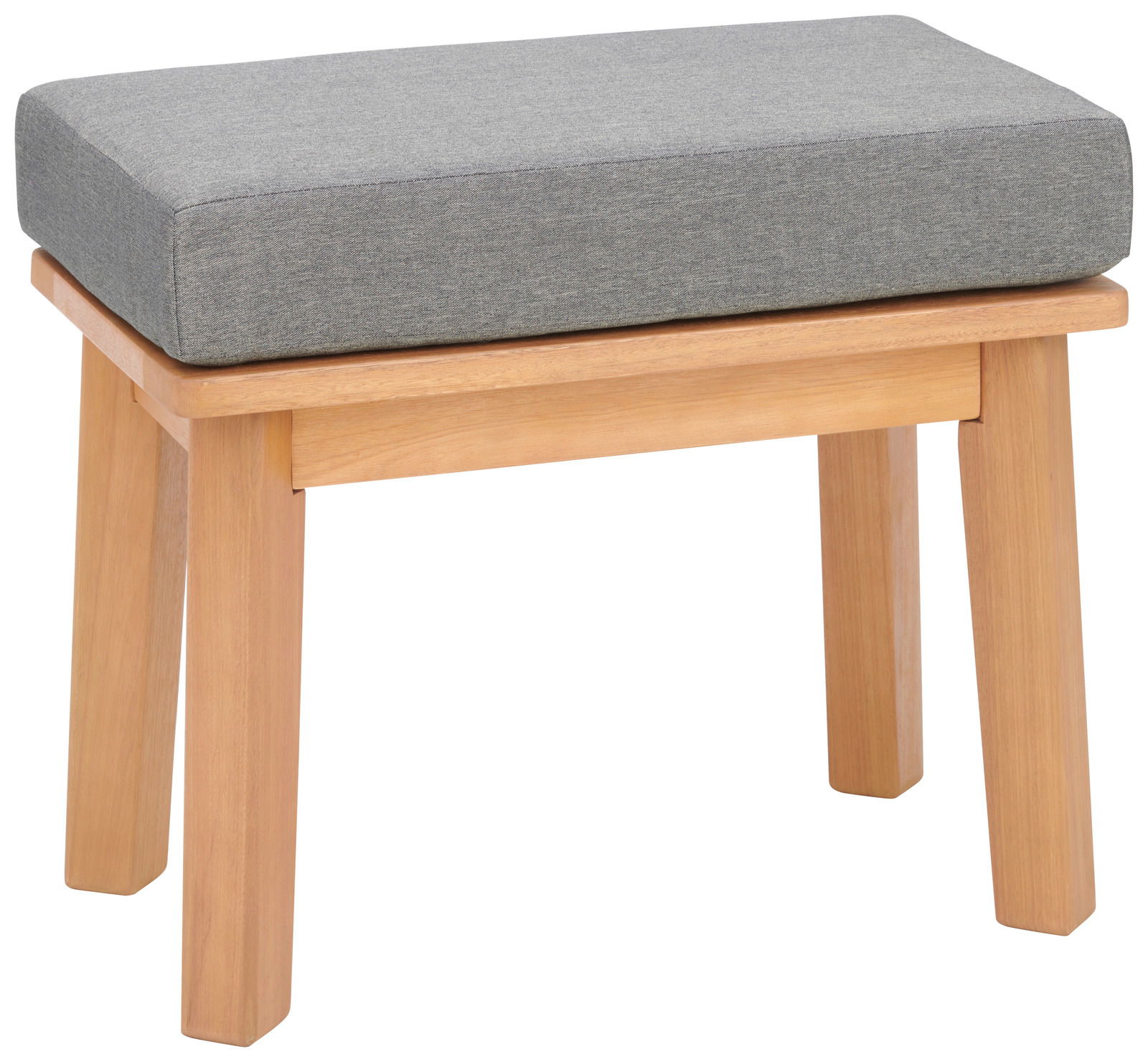 Gartenhocker aus Holz mit grauem Polster, seitliche Perspektive
