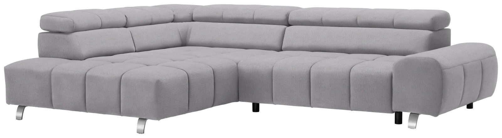 Graues Ecksofa mit Ottomane links, moderne Polsterung und verchromten Füßen, Perspektive von vorne links.