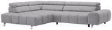 Graues Ecksofa mit Ottomane links, moderne Polsterung und verchromten Füßen, Perspektive von vorne links.