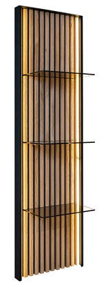 Wandpaneel mit vertikalen Holzlatten und integrierter Beleuchtung, seitliche Perspektive