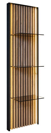 Wandpaneel mit vertikalen Holzlatten und integrierter Beleuchtung, seitliche Perspektive