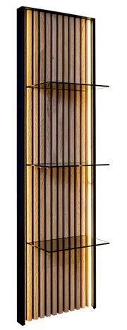 Wandpaneel met verticale houten latten en ingebouwde verlichting, zijaanzicht