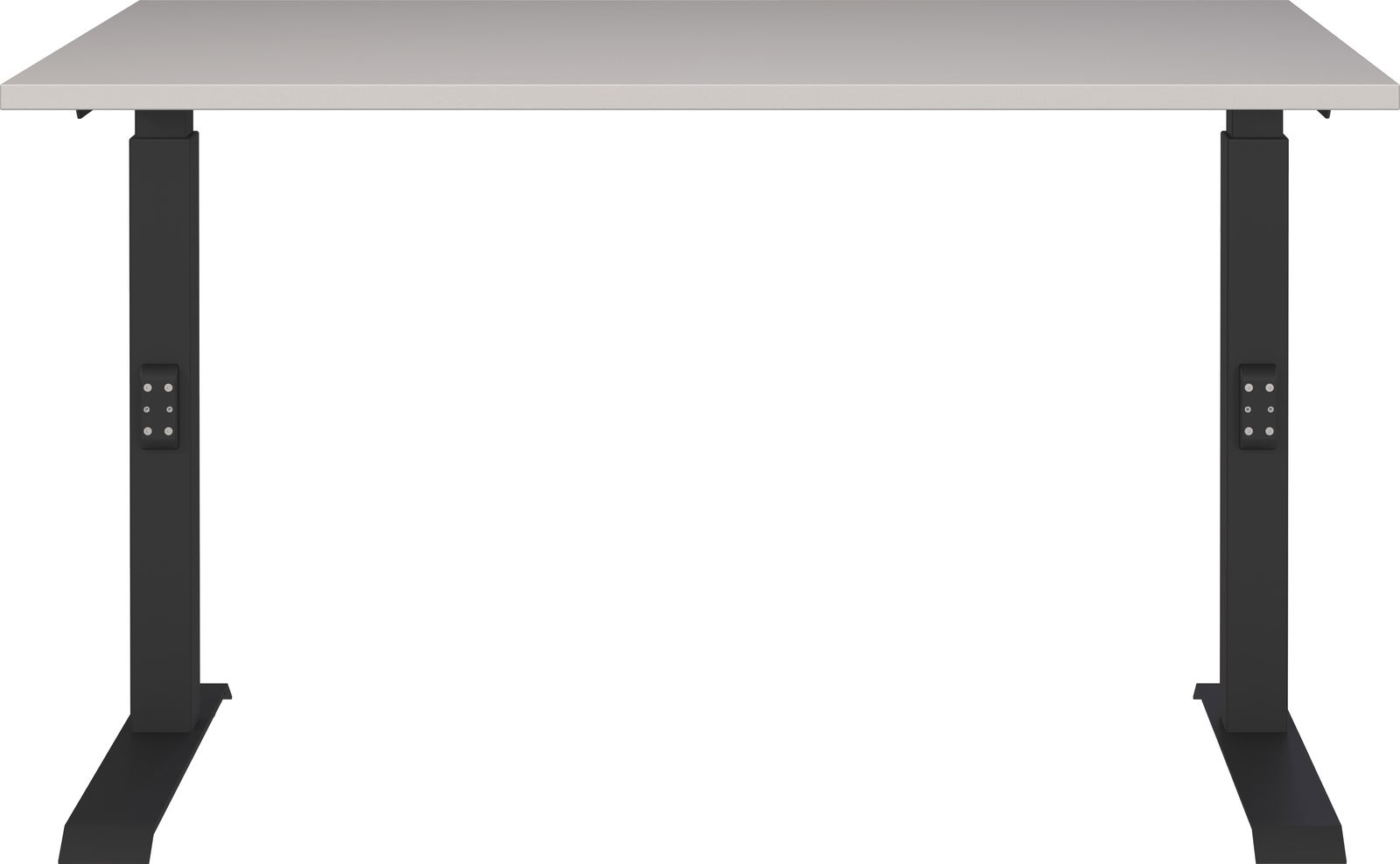 Moderner Schreibtisch mit höhenverstellbaren schwarzen Beinen und grauer Tischplatte, Frontalansicht