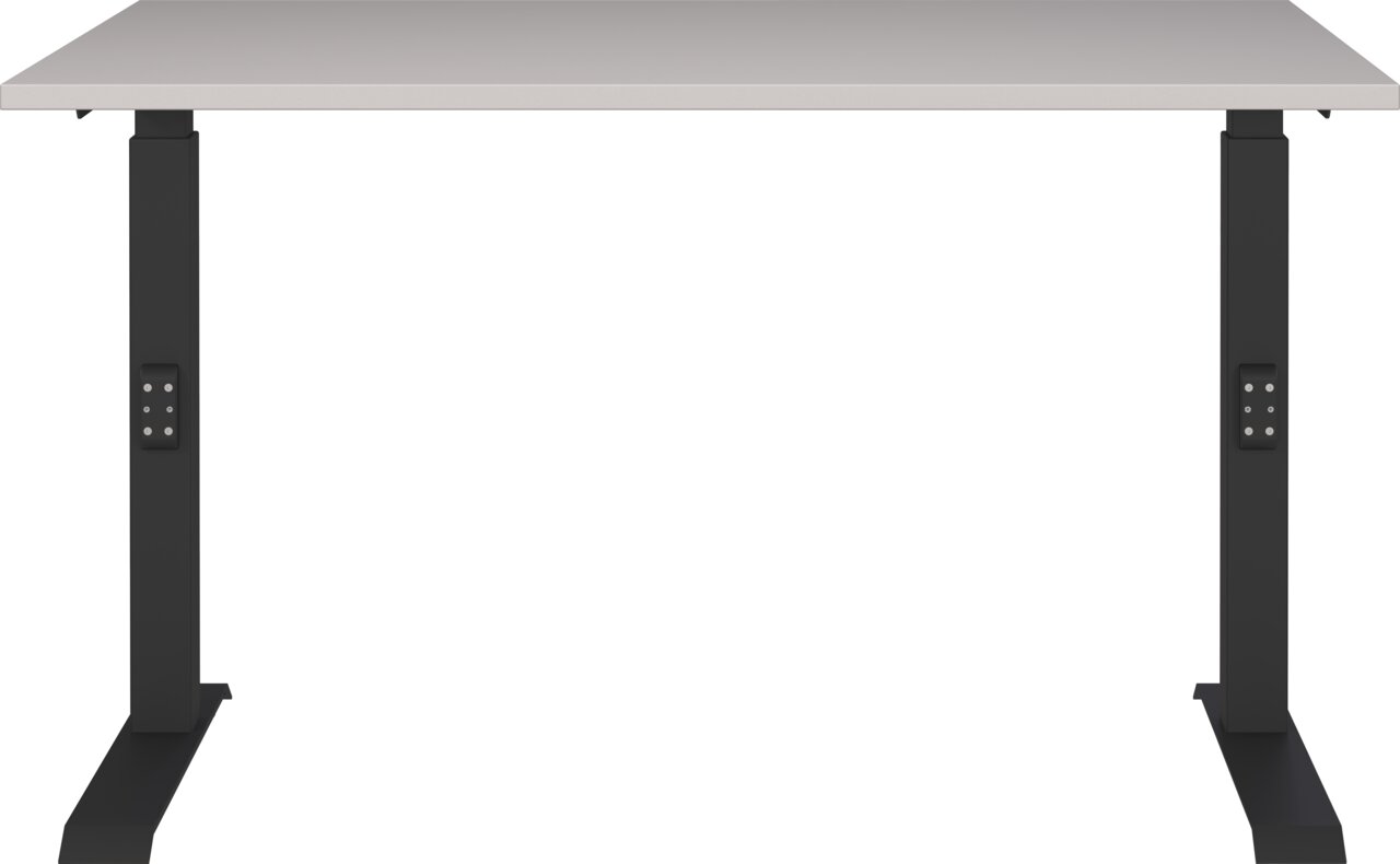 Moderner Schreibtisch mit höhenverstellbaren schwarzen Beinen und grauer Tischplatte, Frontalansicht