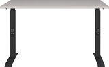 Moderner Schreibtisch mit höhenverstellbaren schwarzen Beinen und grauer Tischplatte, Frontalansicht
