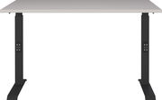 Moderner Schreibtisch mit höhenverstellbaren schwarzen Beinen und grauer Tischplatte, Frontalansicht