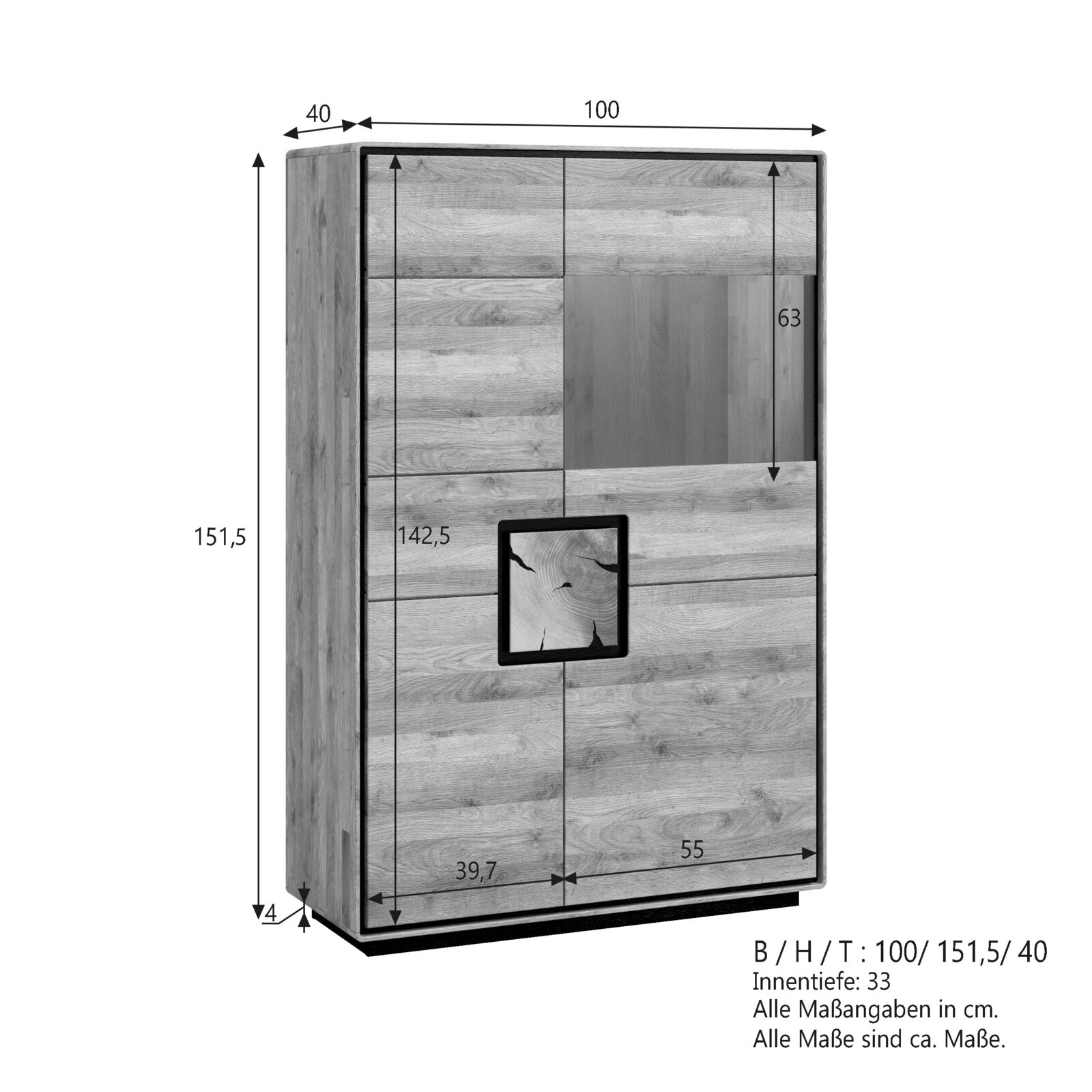 Holzschrank/Kommode in Eiche-Optik mit zweigeteilter Front und quadratischem Glaseinsatz, Maßgrafik mit B/H/T 100×151,5×40 cm, Perspektive: leicht schräg von vorne links