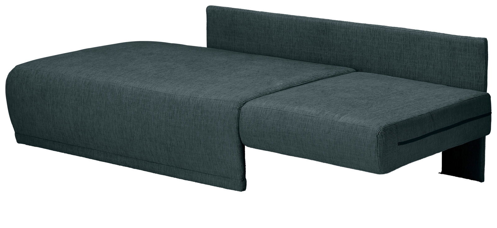 Graue Recamiere in seitlicher Perspektive mit schlichtem Design und glattem Stoffbezug.