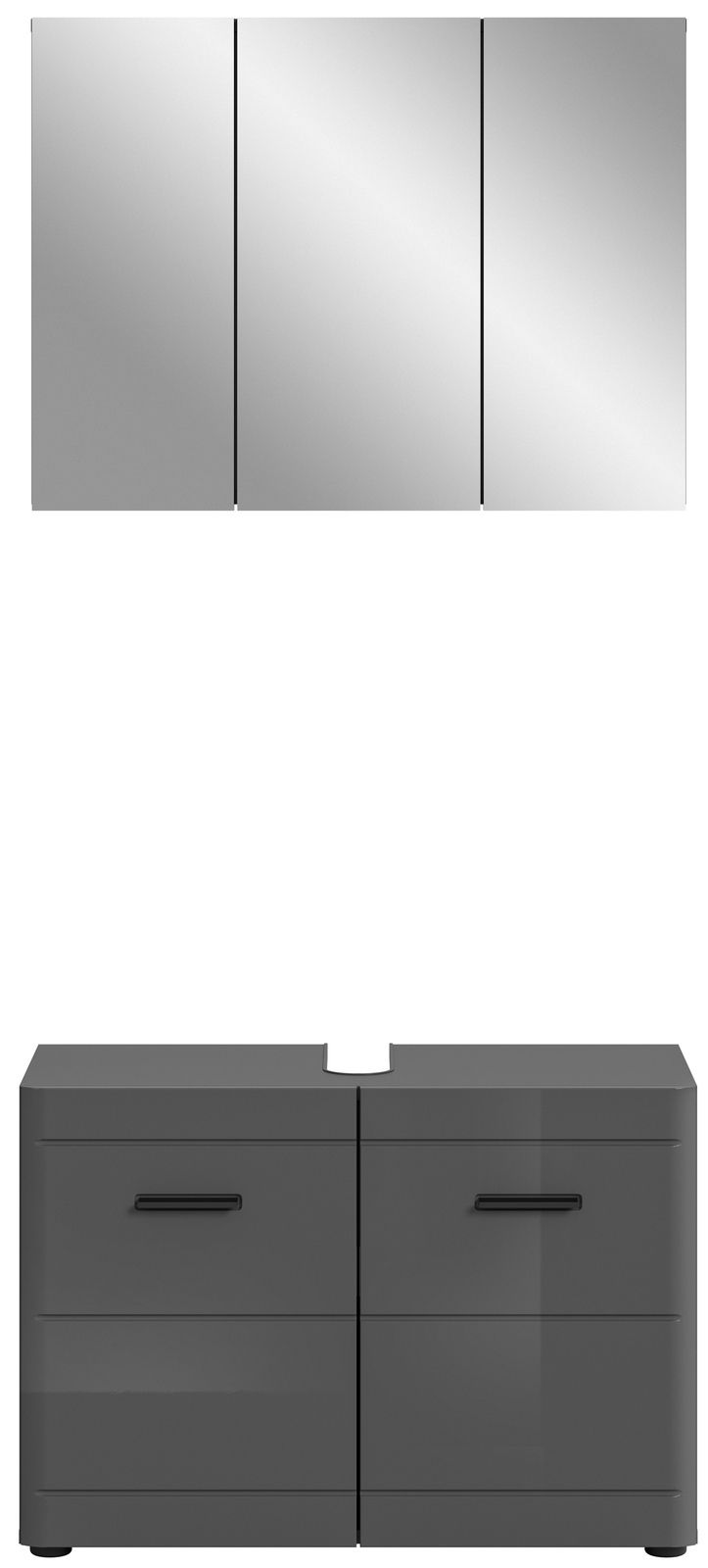 Frontale Ansicht einer modernen Badkombination mit einem dreiteiligen Spiegelschrank und einem grauen Unterschrank mit vier Schubladen.