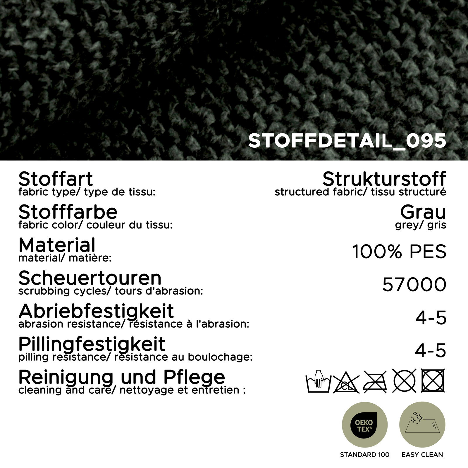 Nahaufnahme eines grauen Strukturstoffs (Stoffdetail_095) mit Produktdaten: 100% PES, 57.000 Scheuertouren, Abriebfestigkeit 4–5, Pillingfestigkeit 4–5, Pflegehinweise sowie OEKO-TEX Standard 100 und Easy Clean; Perspektive: Makro-/Detailansicht von oben.