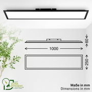 Schwarze, rechteckige LED-Deckenleuchte/Panel in Draufsicht mit Maßskizze (1000 x 250 mm, Höhe ca. 60 mm) vor hellem Hintergrund.
