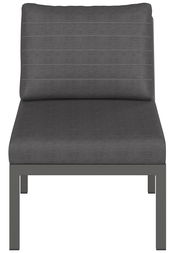 Frontansicht eines grauen Loungemittelteils mit gepolstertem Sitz und Rückenlehne auf einem stabilen Metallrahmen.