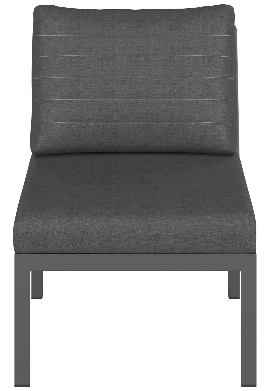 Frontansicht eines grauen Loungemittelteils mit gepolstertem Sitz und Rückenlehne auf einem stabilen Metallrahmen.