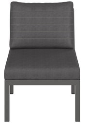 Vooraanzicht van een grijs loungemiddelstuk met gestoffeerde zitting en rugleuning op een stevig metalen frame.