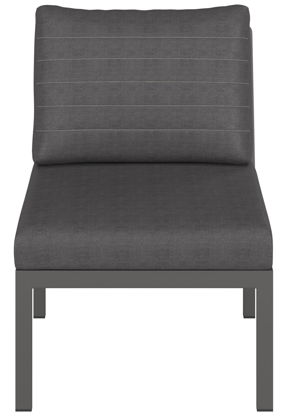 Vooraanzicht van een grijs loungemiddelstuk met gestoffeerde zitting en rugleuning op een stevig metalen frame.