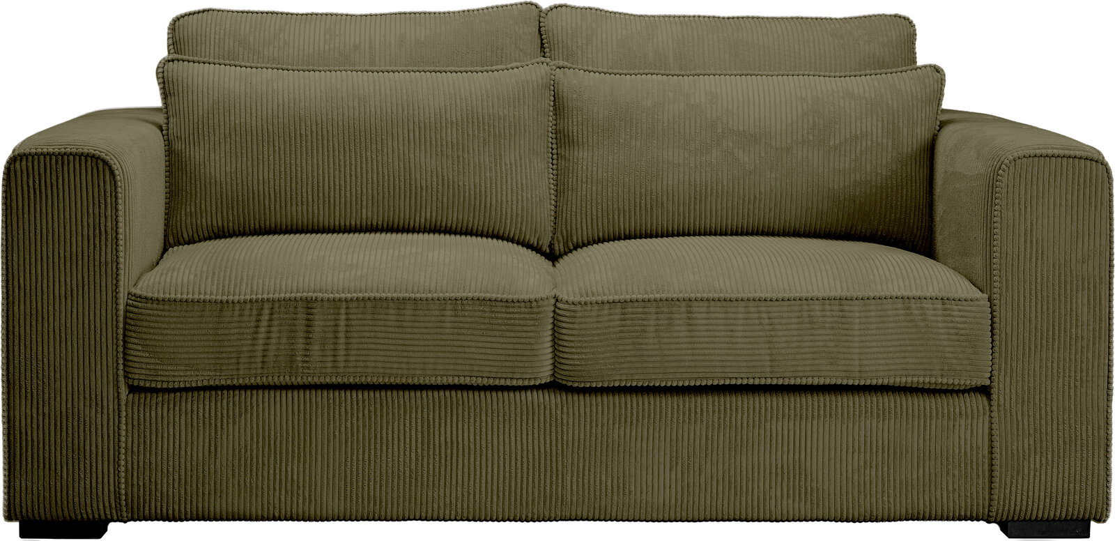 Olivgrünes 2-Sitzer-Sofa mit breiten Armlehnen und geripptem Cordbezug, Frontansicht auf weißem Hintergrund.