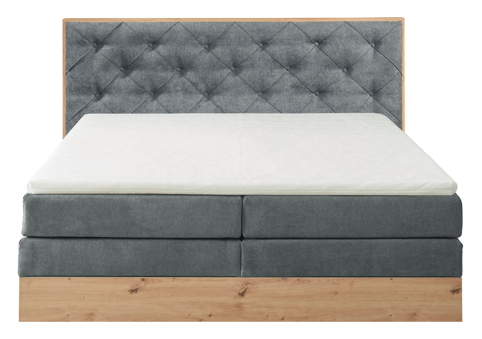 Boxspringbett mit grauem, gestepptem Kopfteil und Holzrahmen, Frontalansicht